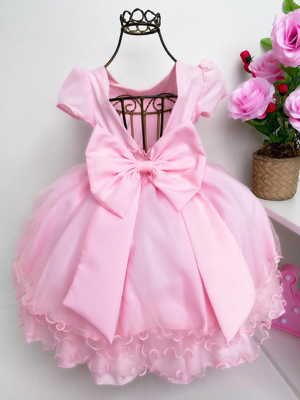 Vestido Infantil Rosa Princesas Luxo Strass e Babados