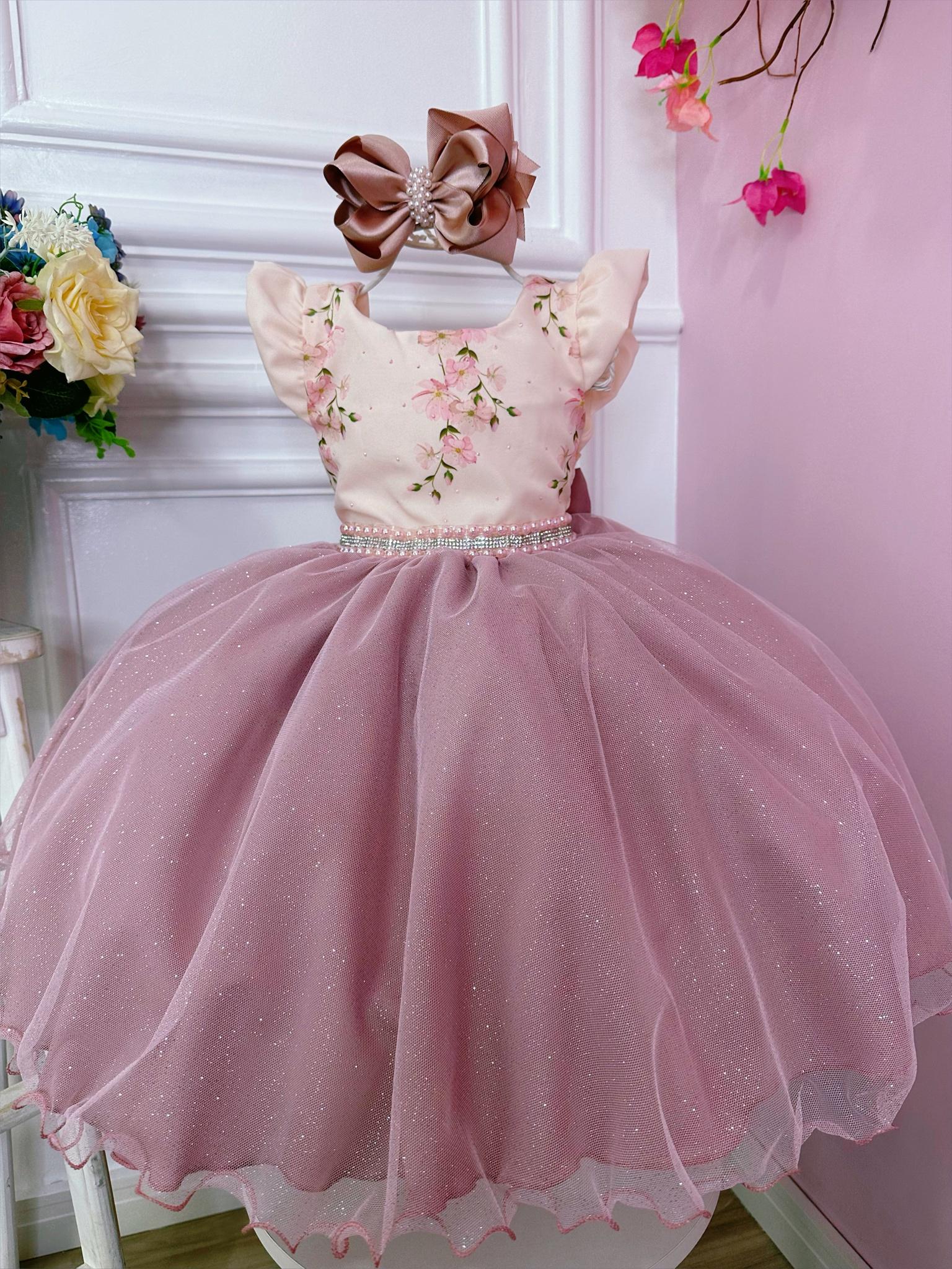 Vestido Infantil Rose Busto Florido e Saia C/ Glitter Luxo