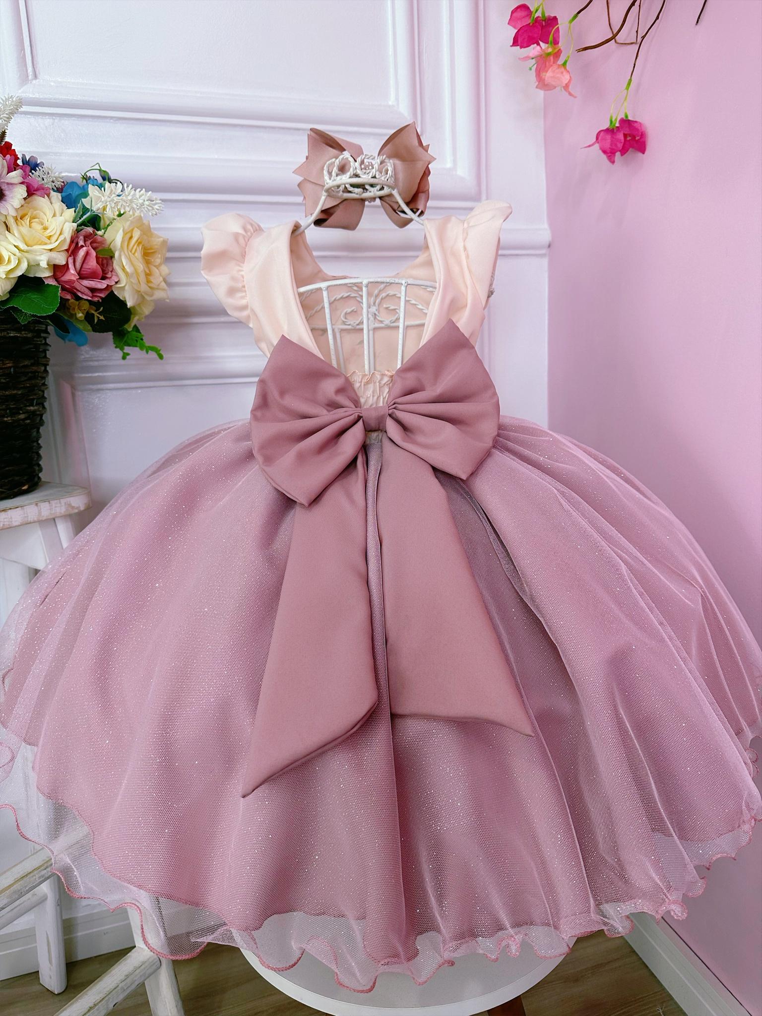 Vestido Infantil Rose Busto Florido e Saia C/ Glitter Luxo