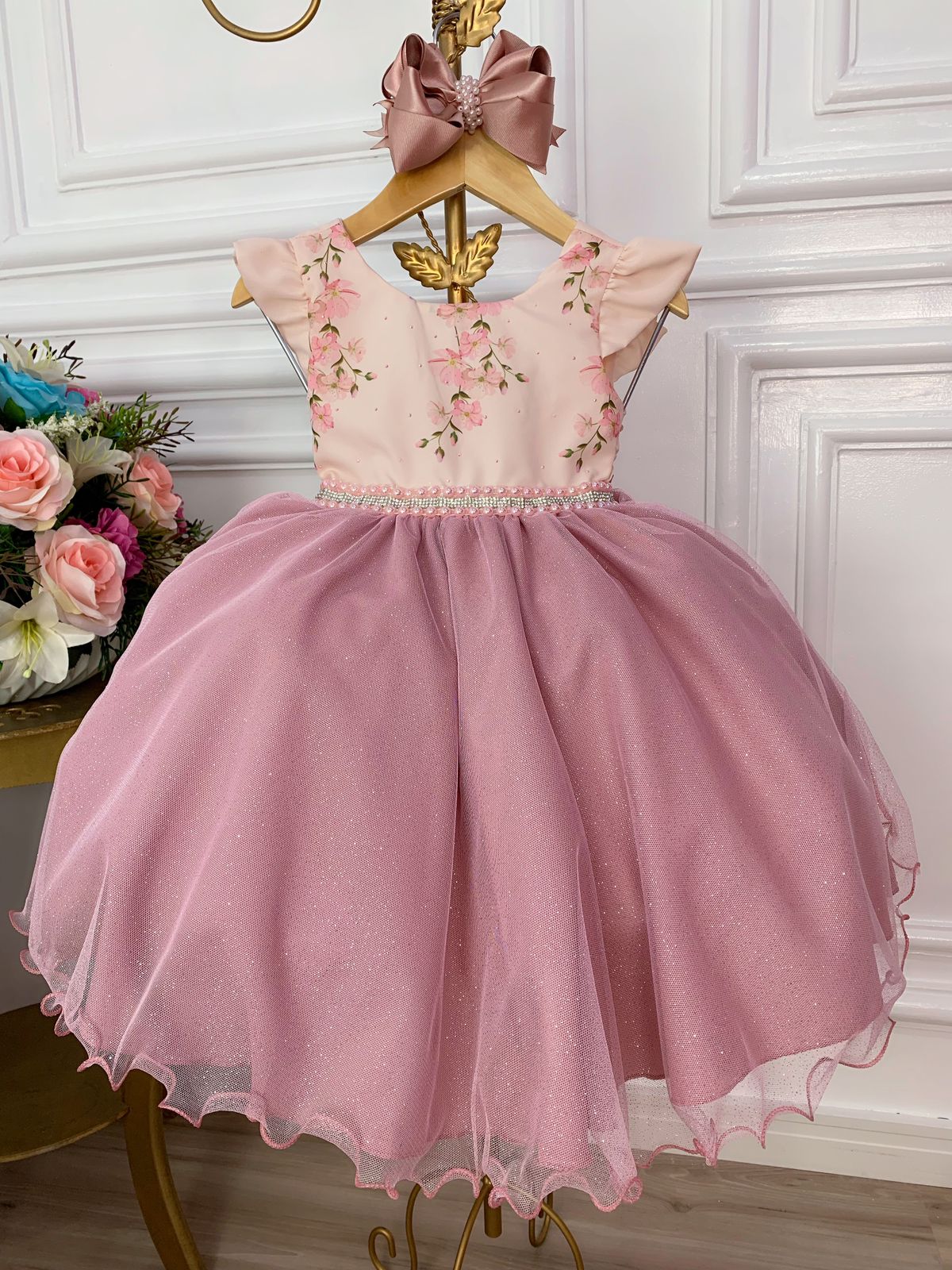 Vestido Infantil Rose Busto Florido e Saia C/ Glitter Luxo