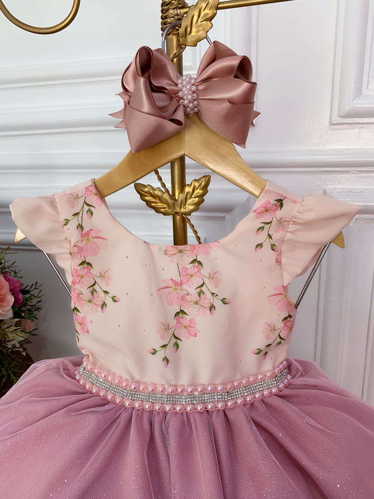 Vestido Infantil Rose Busto Florido e Saia C/ Glitter Luxo