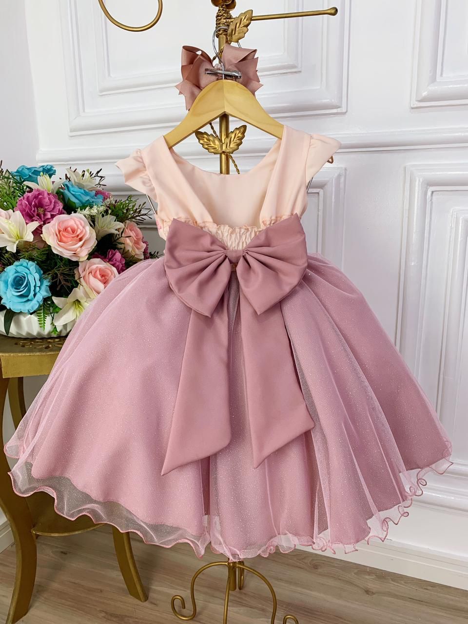 Vestido Infantil Rose Busto Florido e Saia C/ Glitter Luxo