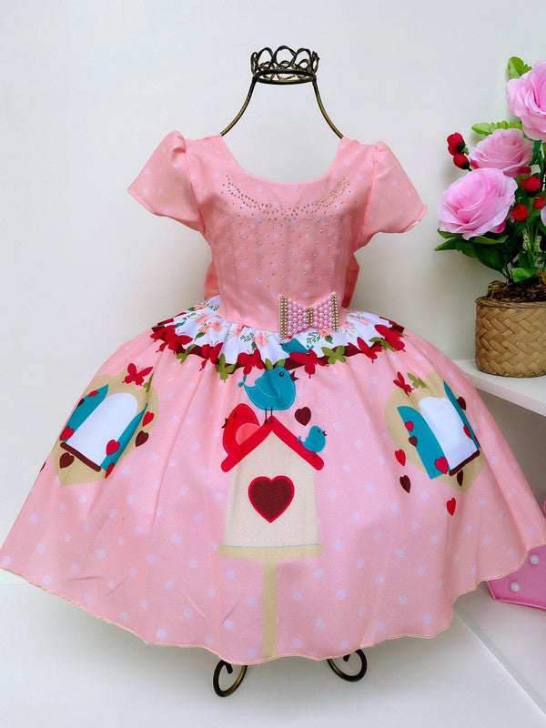 Vestido Infantil Salmão Jardim Passarinhos Strass e Pérolas