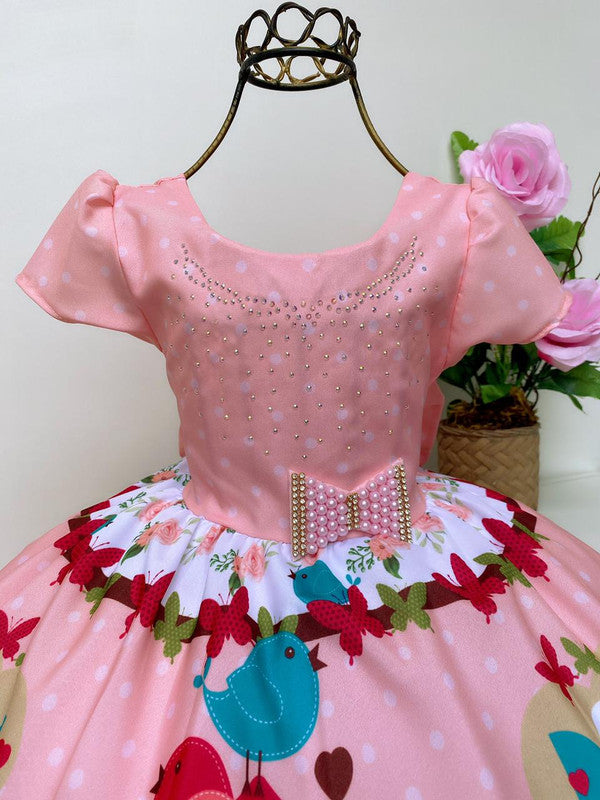 Vestido Infantil Salmão Jardim Passarinhos Strass e Pérolas