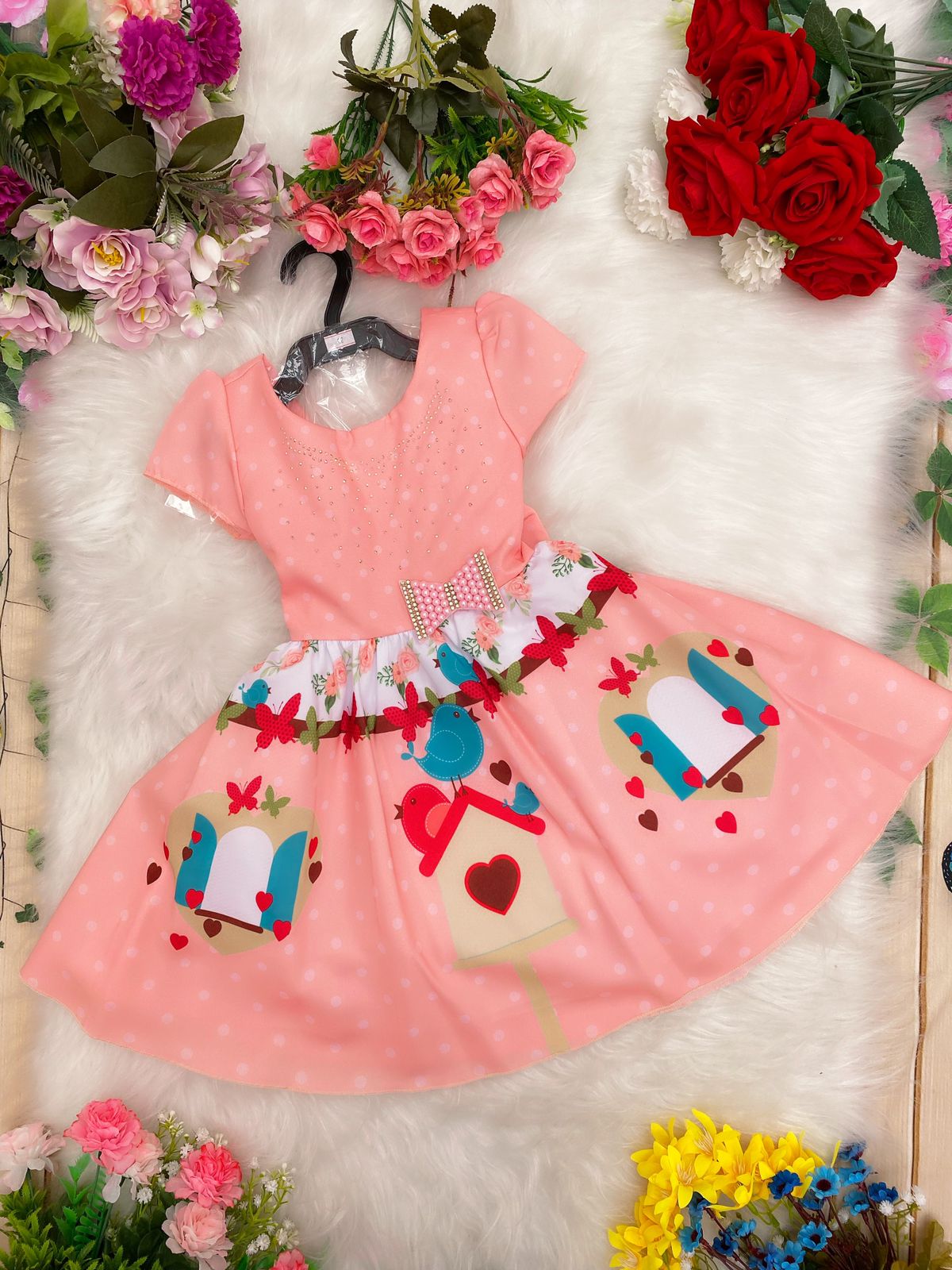 Vestido Infantil Salmão Jardim Passarinhos Strass e Pérolas