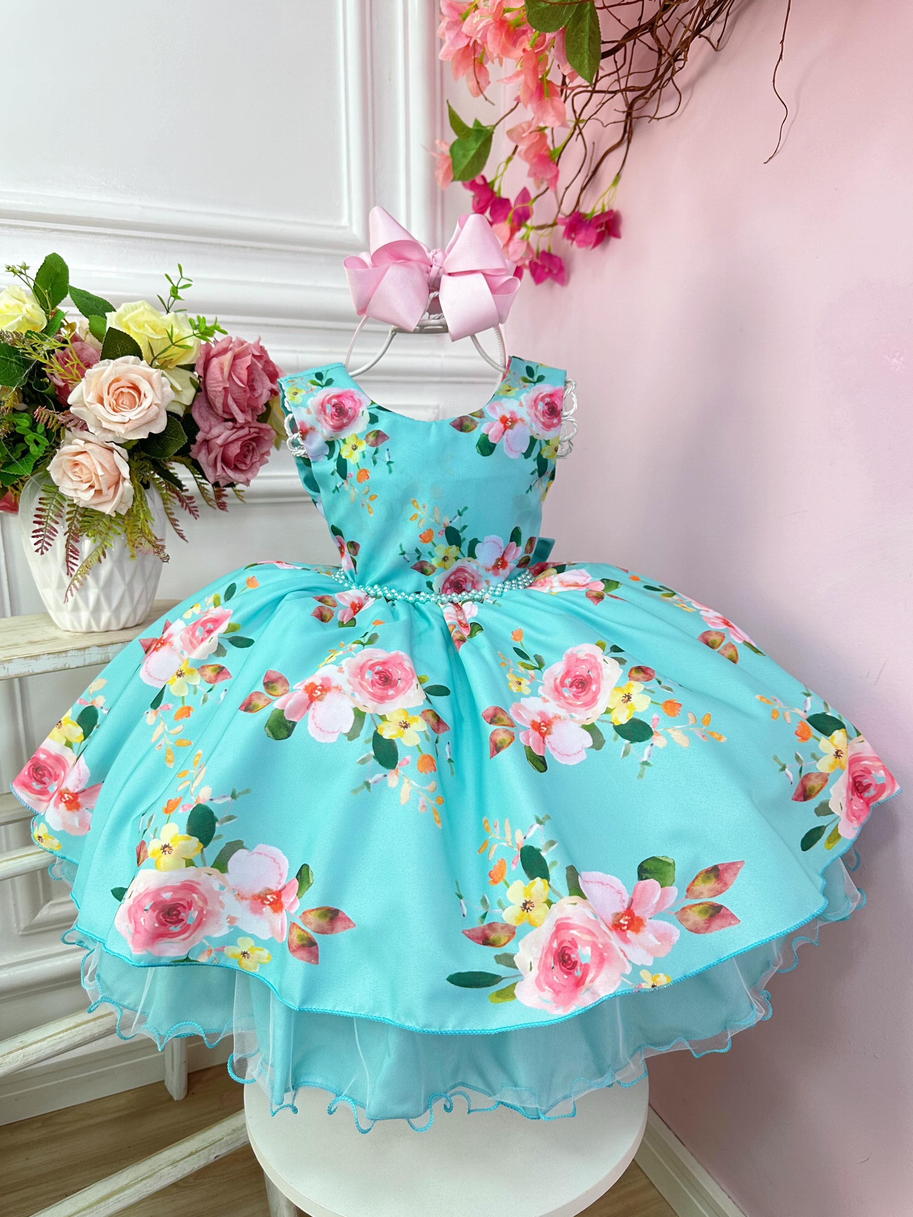 Vestido Infantil Verde Tiffany Florido C/ Cinto de Pérolas