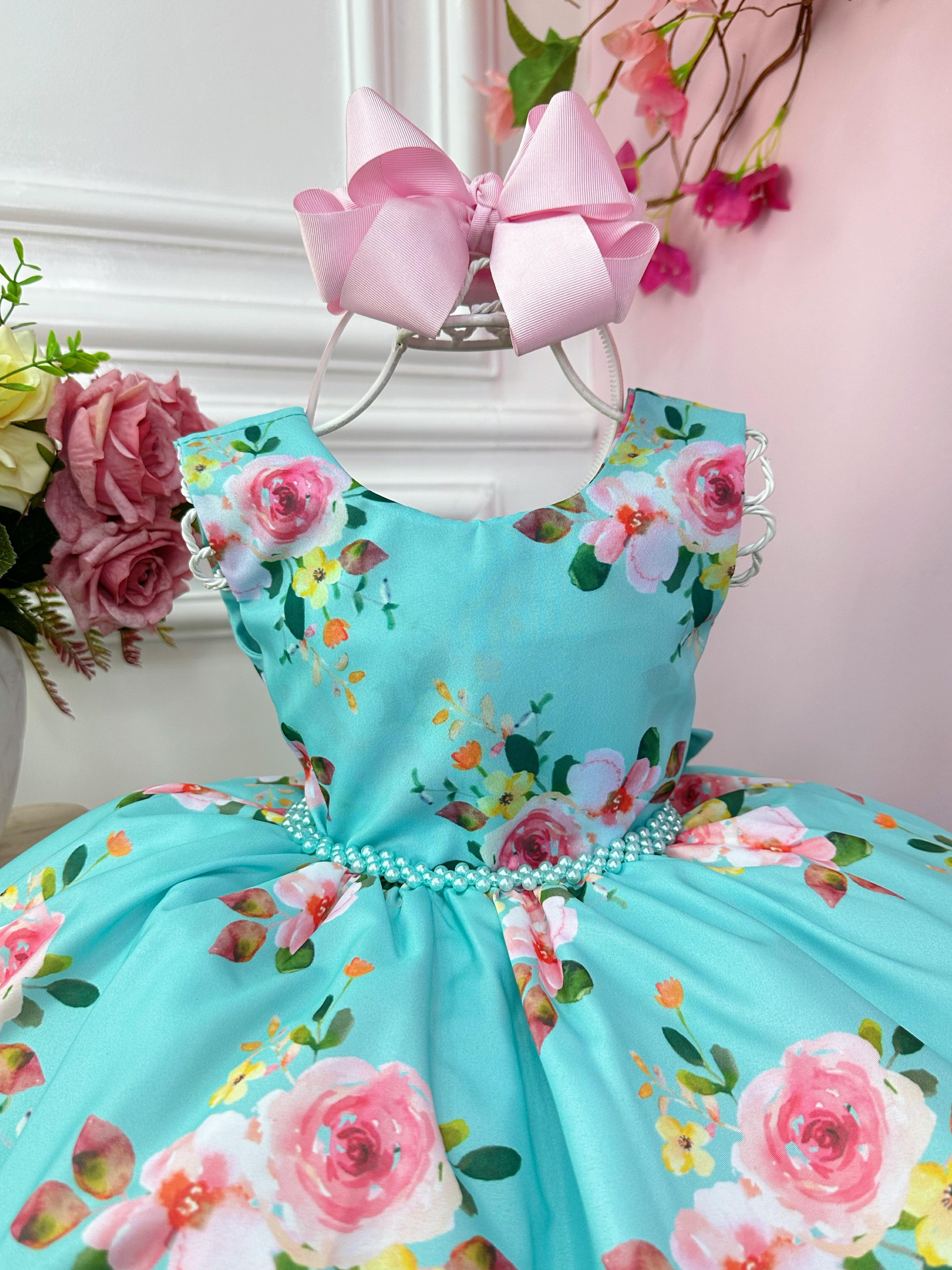 Vestido Infantil Verde Tiffany Florido C/ Cinto de Pérolas