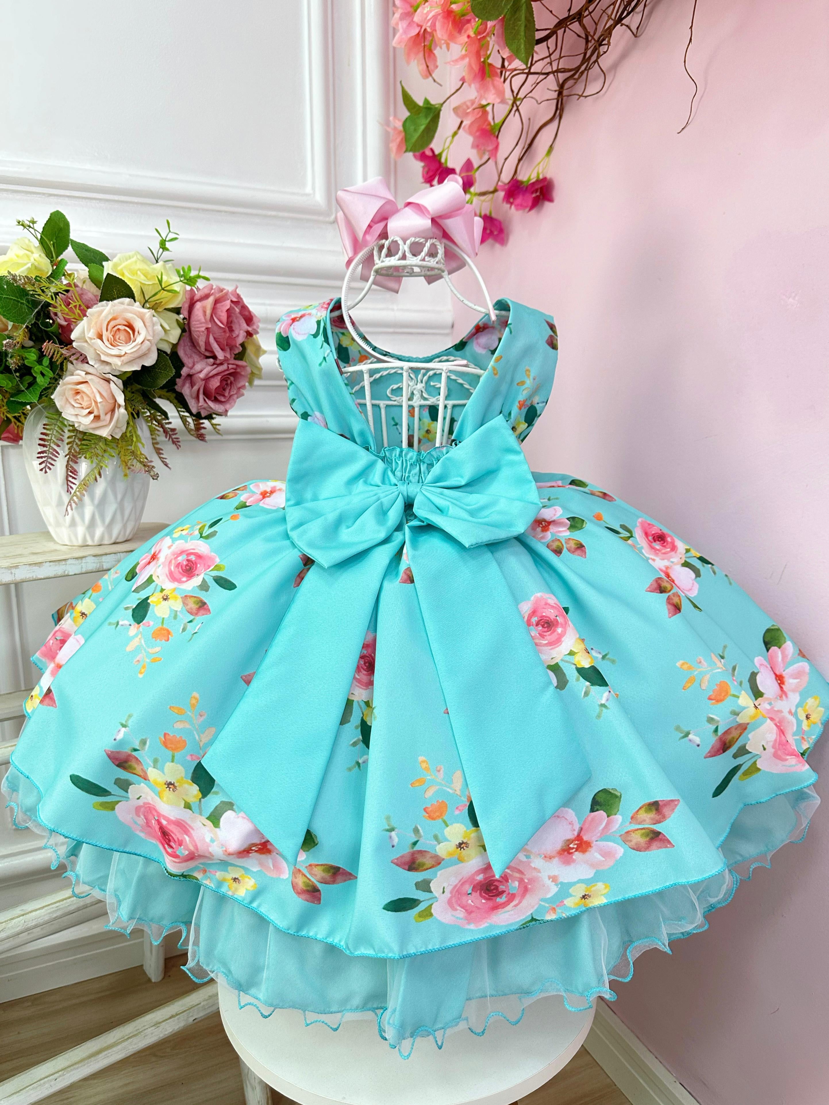 Vestido Infantil Verde Tiffany Florido C/ Cinto de Pérolas