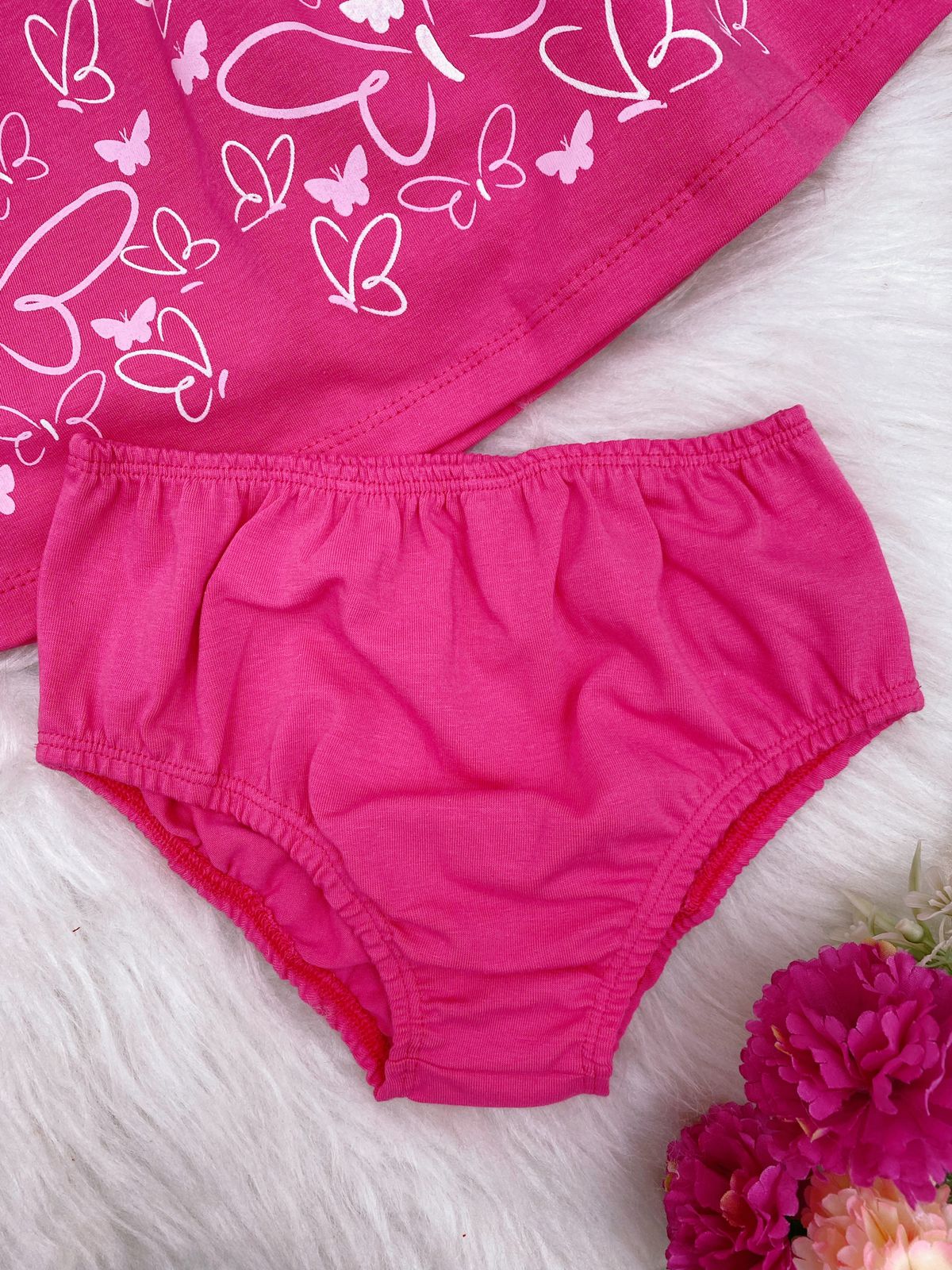 Vestido Infantil em Malha Pink Borboletas C/ Calcinha