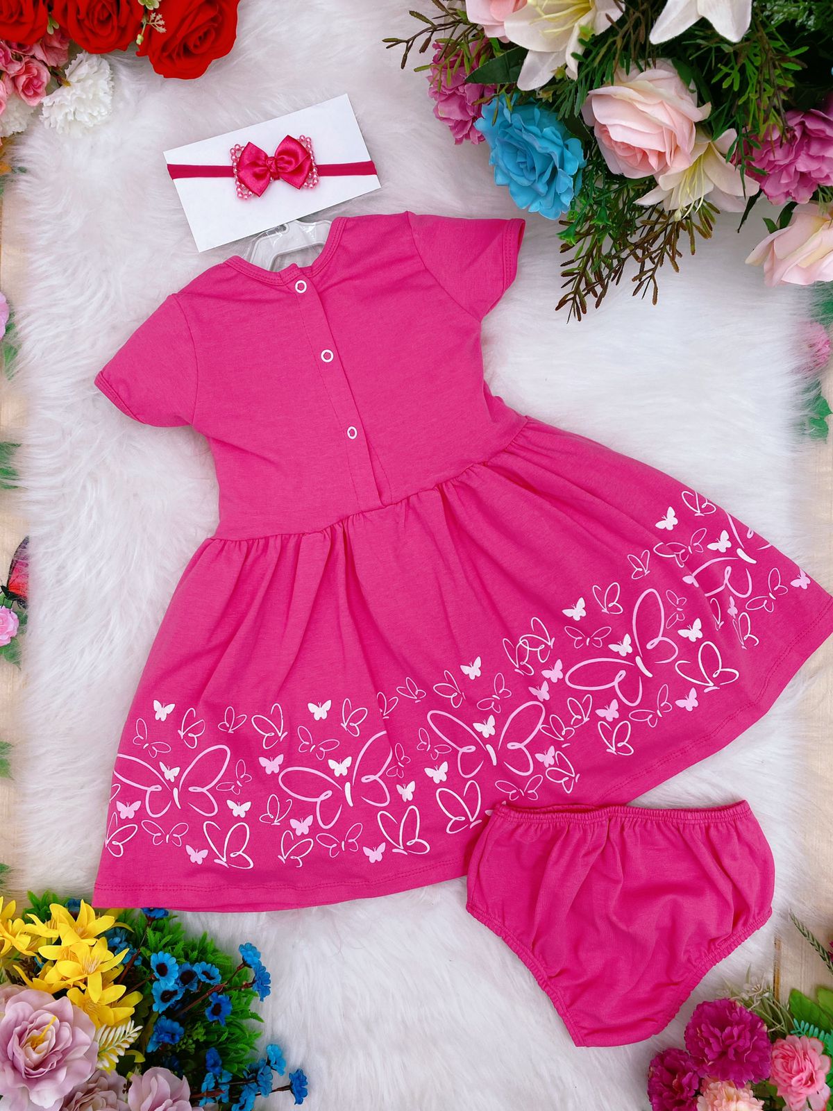 Vestido Infantil em Malha Pink Borboletas C/ Calcinha