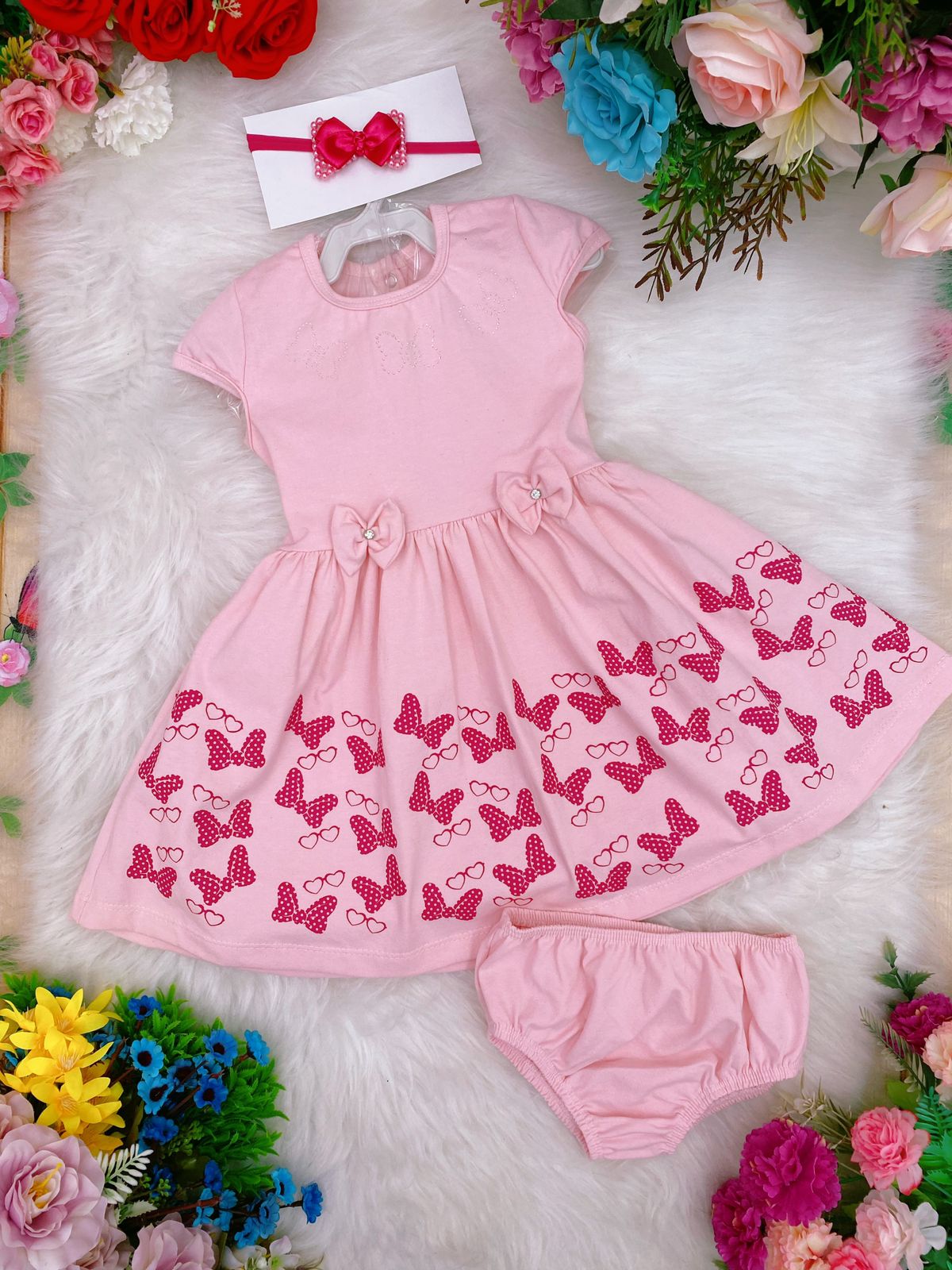 Vestido Infantil em Malha Rosa Laços C/ Calcinha