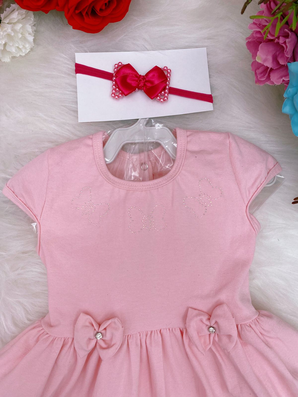 Vestido Infantil em Malha Rosa Laços C/ Calcinha