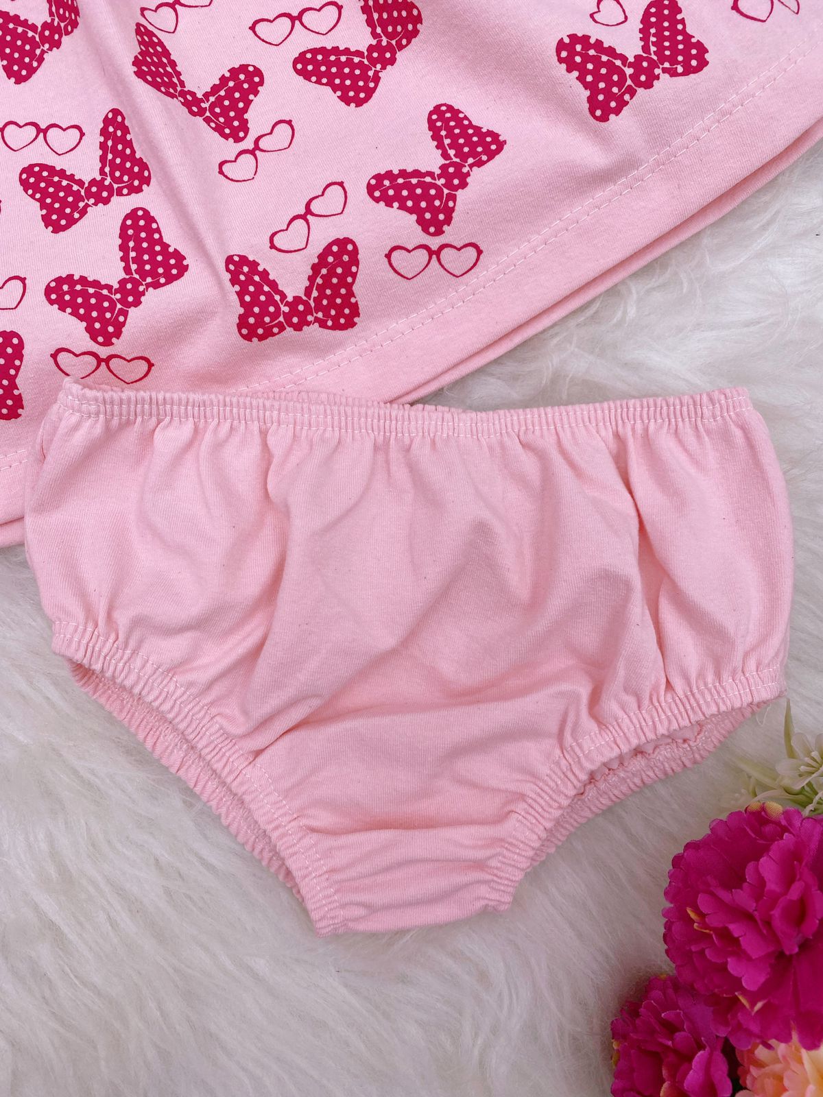 Vestido Infantil em Malha Rosa Laços C/ Calcinha