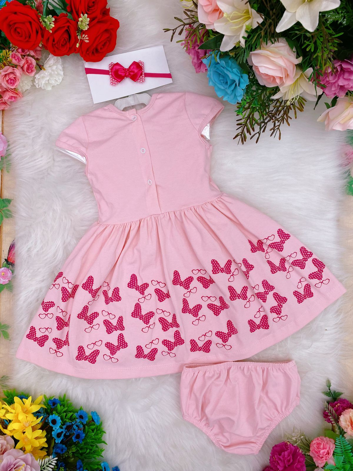 Vestido Infantil em Malha Rosa Laços C/ Calcinha