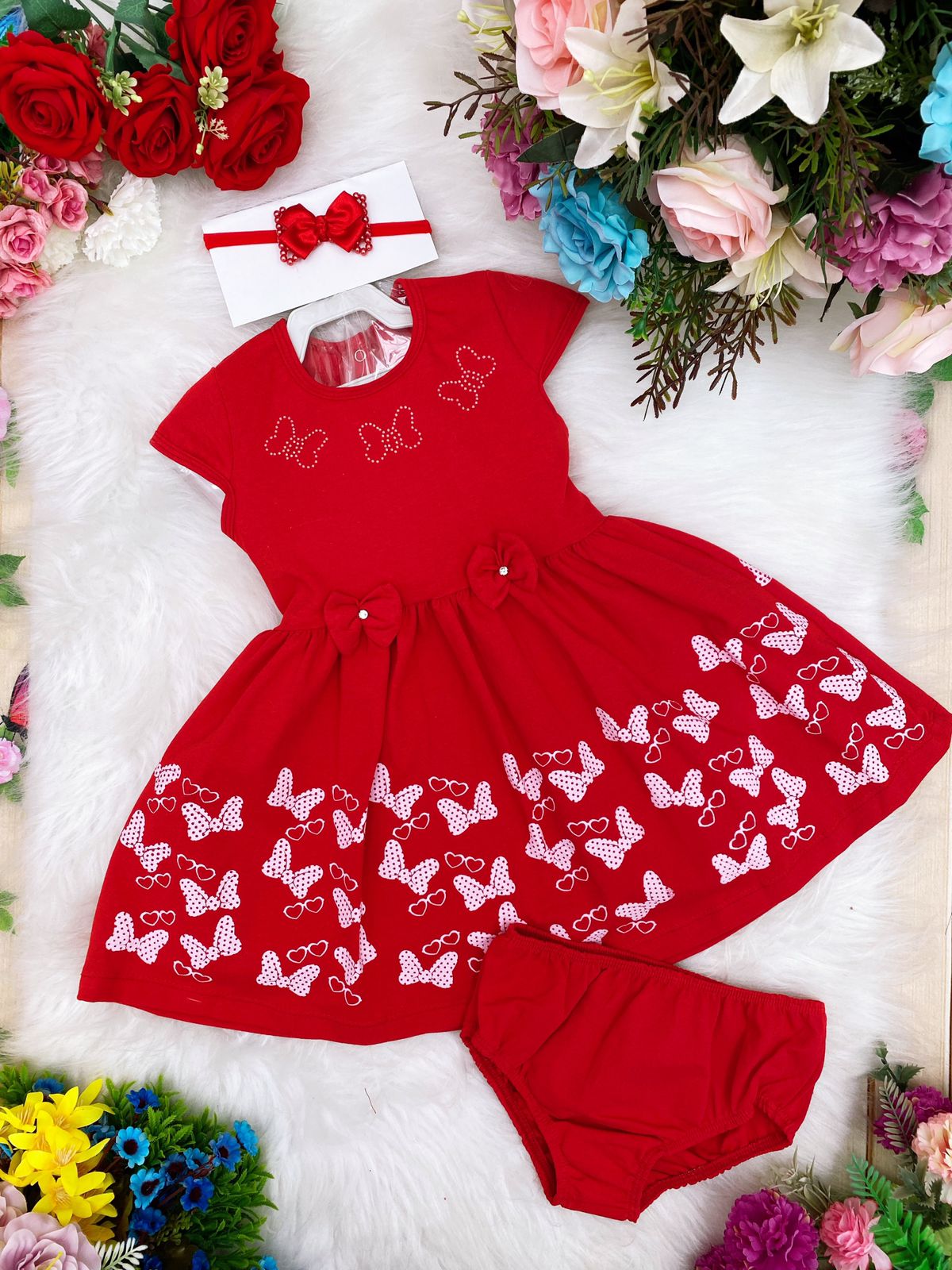 Vestido Infantil em Malha Vermelho Laços C/ Calcinha