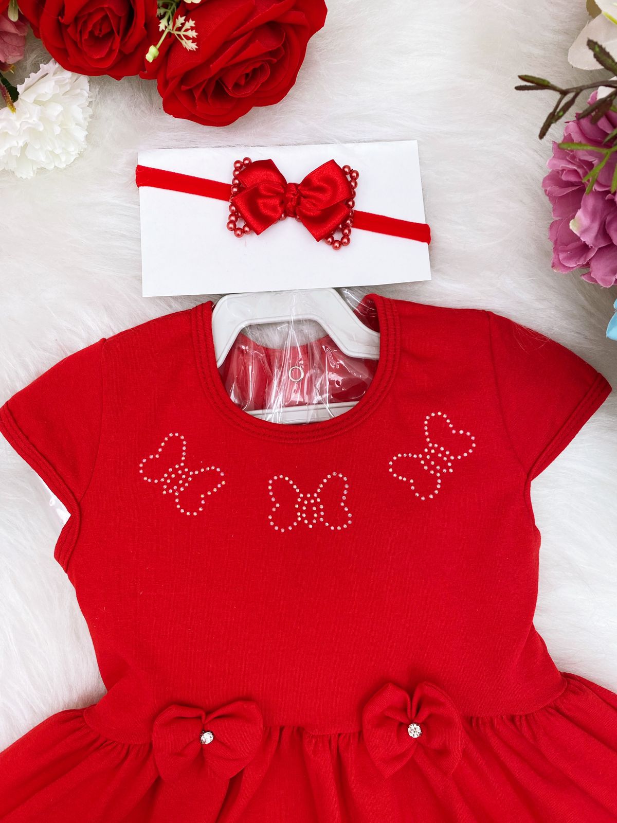 Vestido Infantil em Malha Vermelho Laços C/ Calcinha