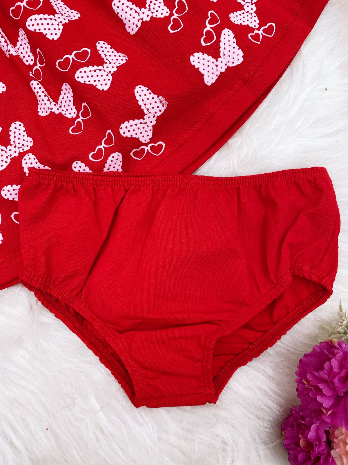 Vestido Infantil em Malha Vermelho Laços C/ Calcinha