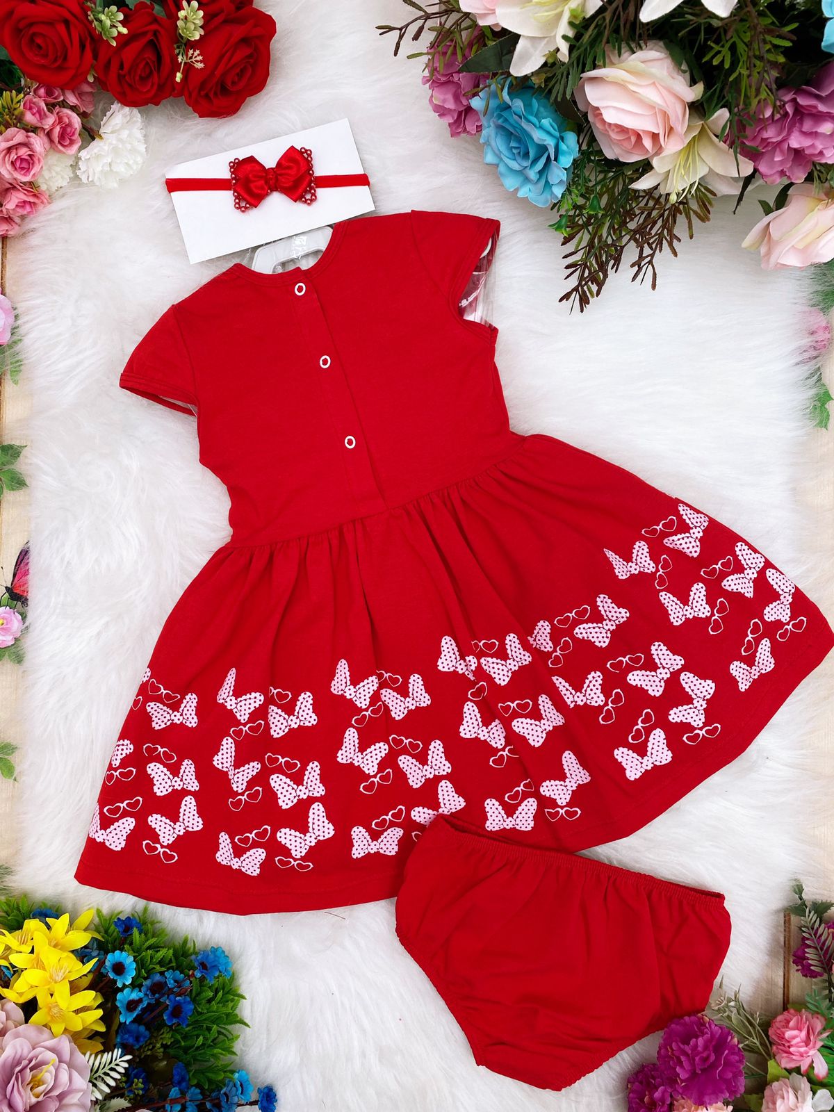 Vestido Infantil em Malha Vermelho Laços C/ Calcinha