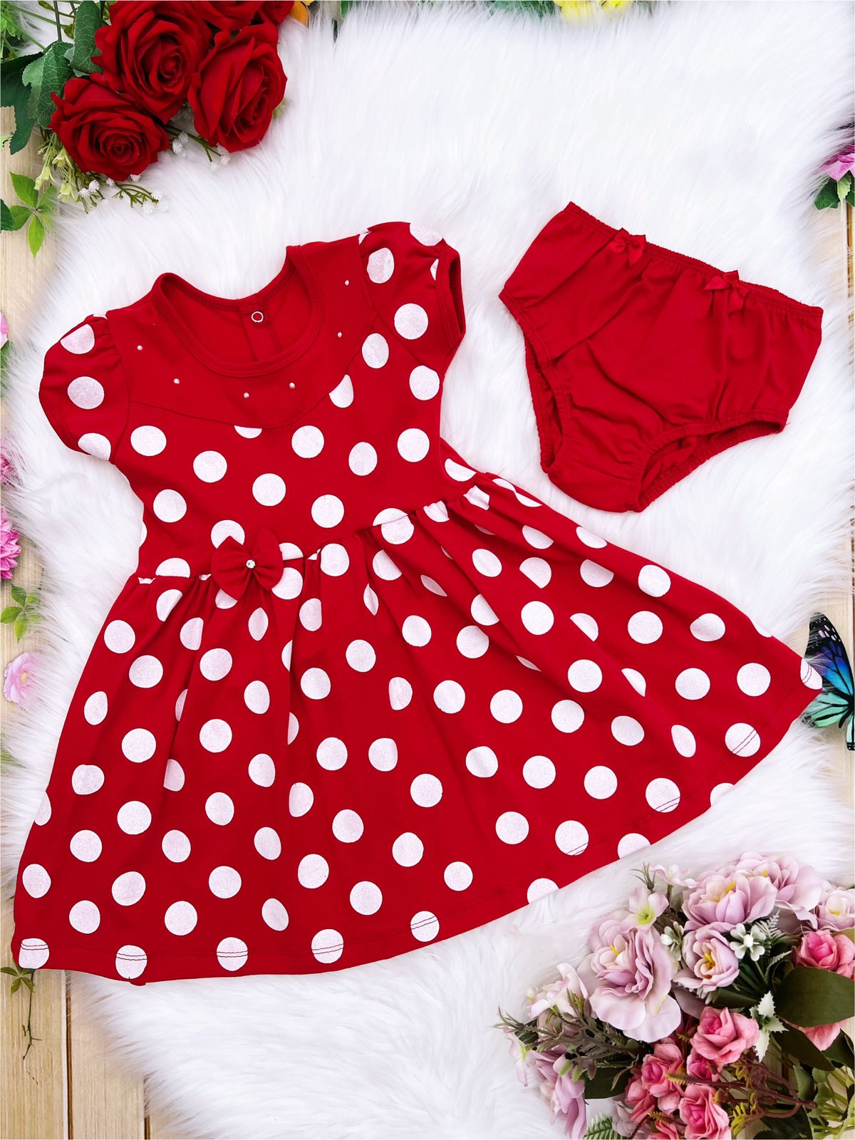 Vestido Infantil Malha C/Calcinha Bolinhas Brancas Vermelho