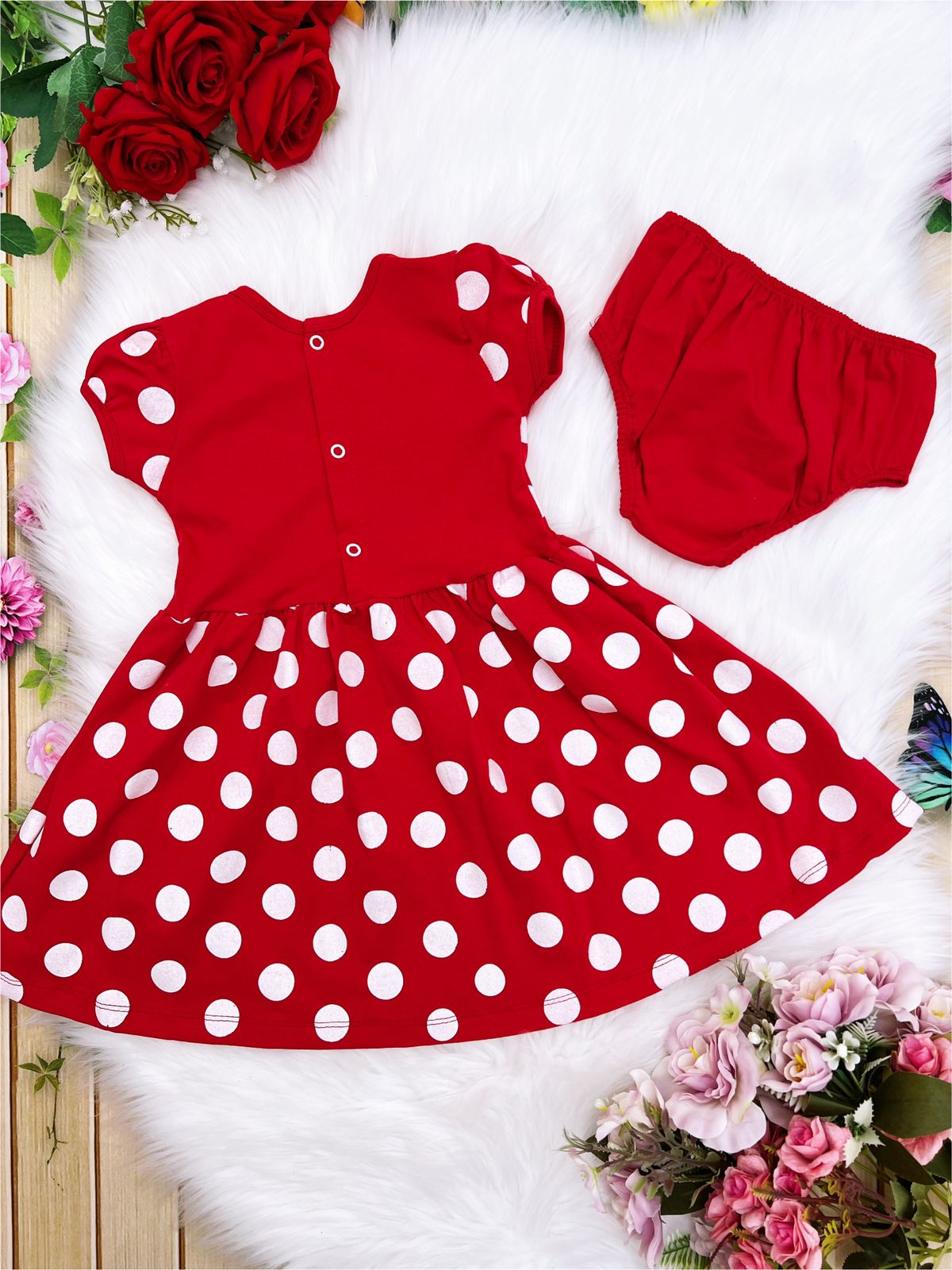 Vestido Infantil Malha C/Calcinha Bolinhas Brancas Vermelho