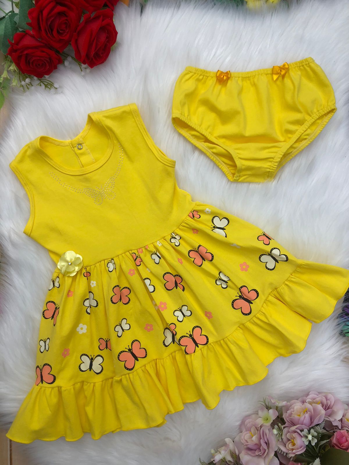 Vestido Infantil Malha C/Calcinha Borboletas Strass Amarelo