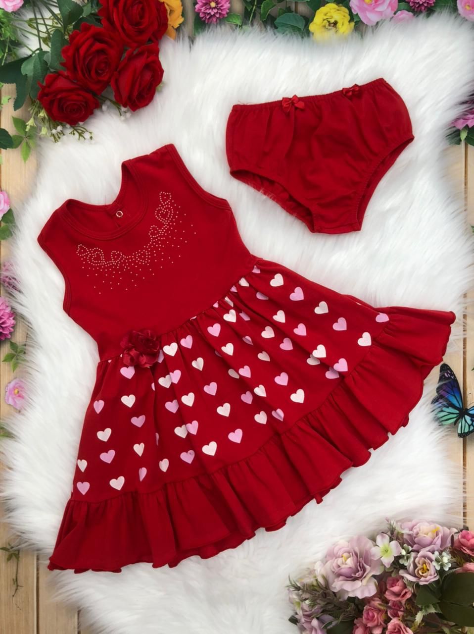 Vestido Infantil Malha C/Calcinha Coração Strass Vermelho