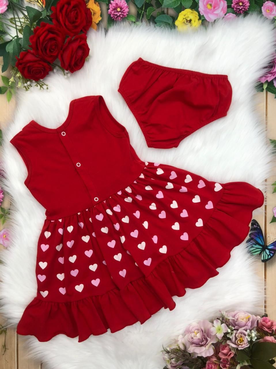 Vestido Infantil Malha C/Calcinha Coração Strass Vermelho