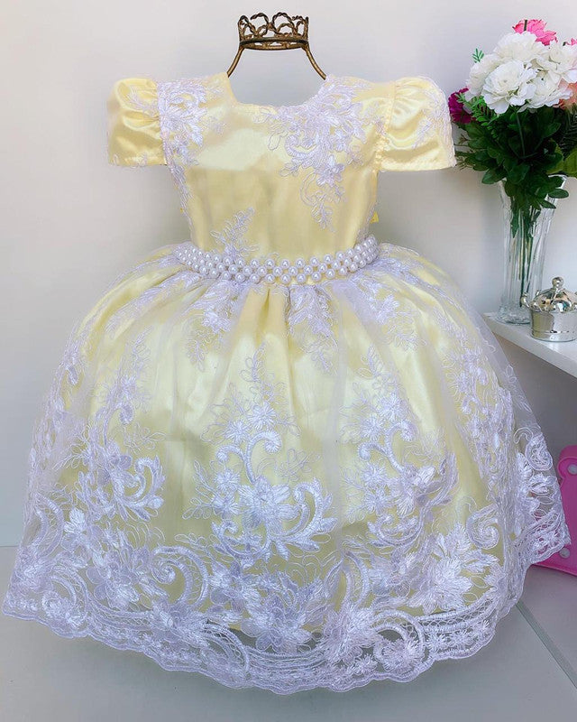 Vestido Infantil Amarelo Renda Branca Realeza Princesa Luxo