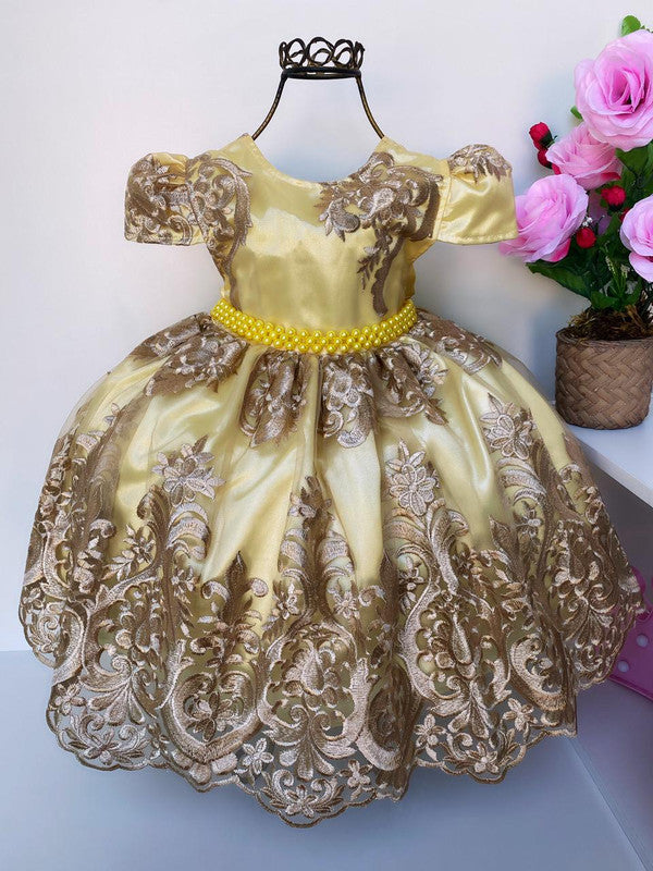 Vestido Infantil Amarelo Renda Dourada Realeza Cinto Pérola