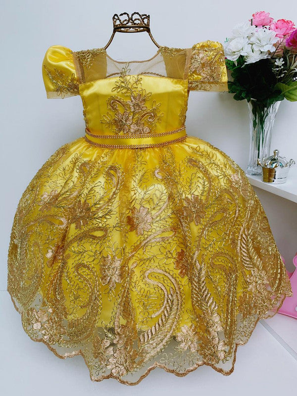 Vestido Infantil Amarelo Renda Dourada Realeza Cinto Strass