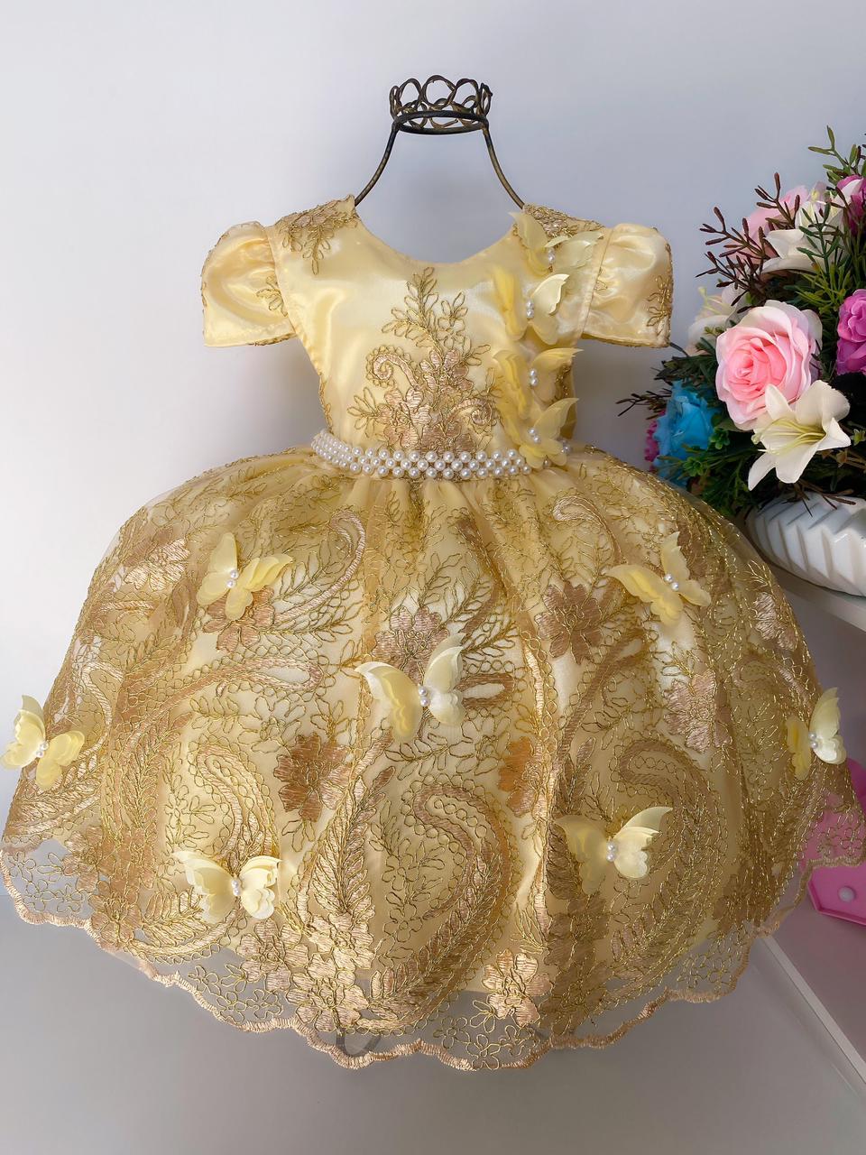 Vestido Infantil Amarelo Renda Dourado Aplique Borboletas