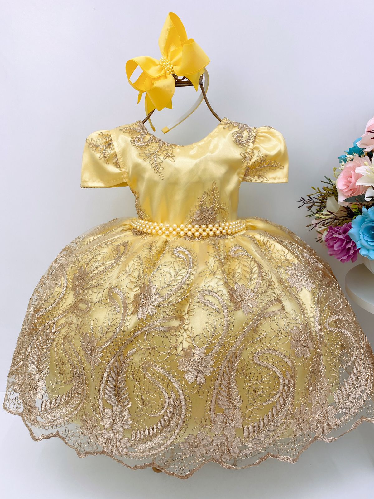 Vestido Infantil Amarelo C/ Renda Realeza Dourada