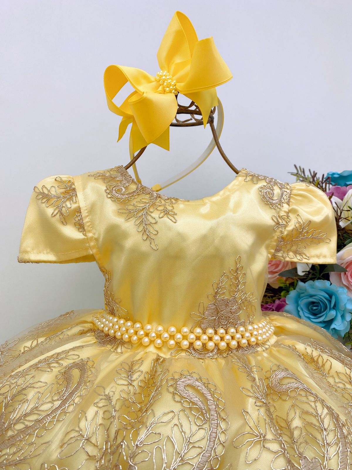 Vestido Infantil Amarelo C/ Renda Realeza Dourada