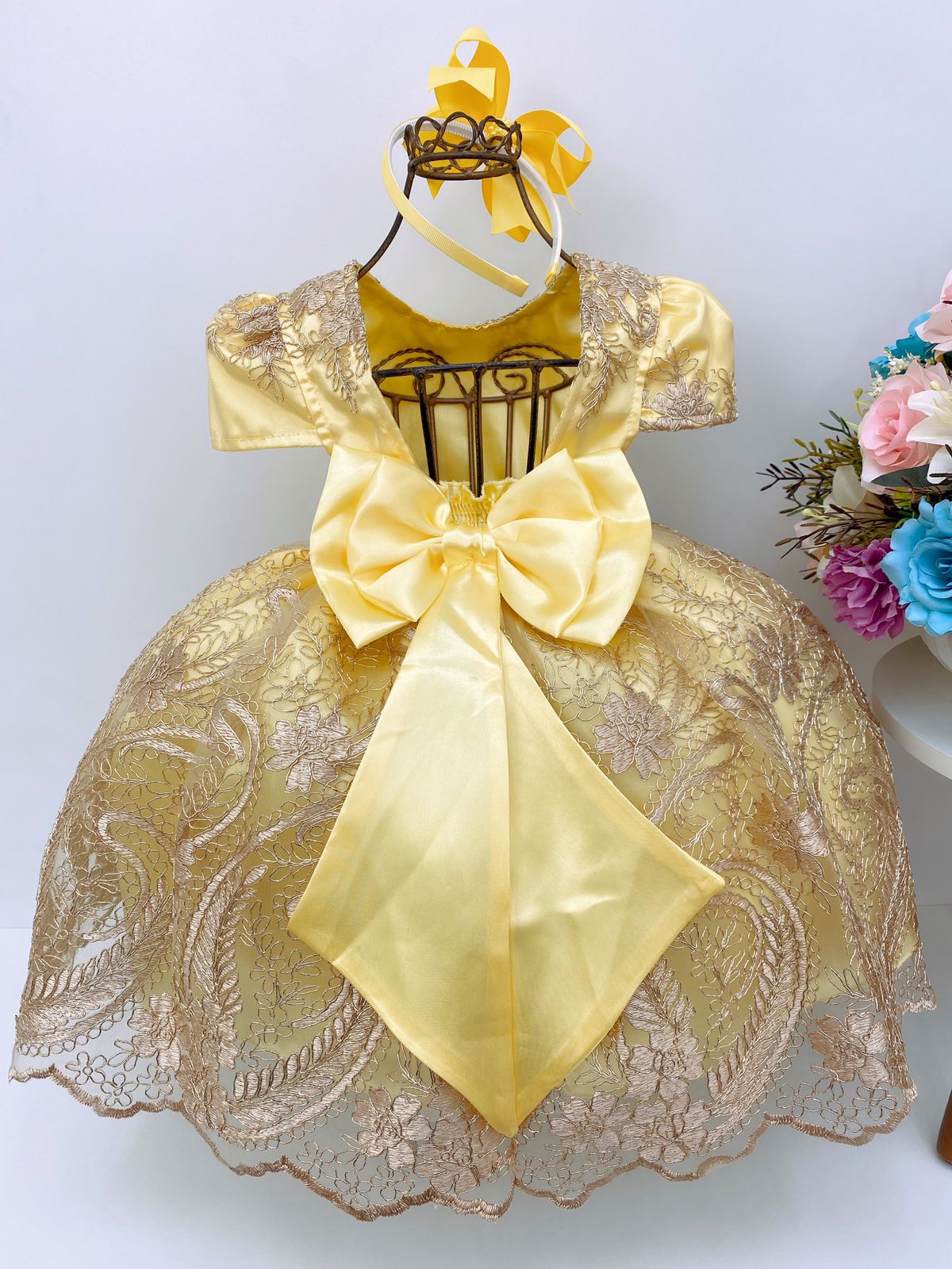 Vestido Infantil Amarelo C/ Renda Realeza Dourada