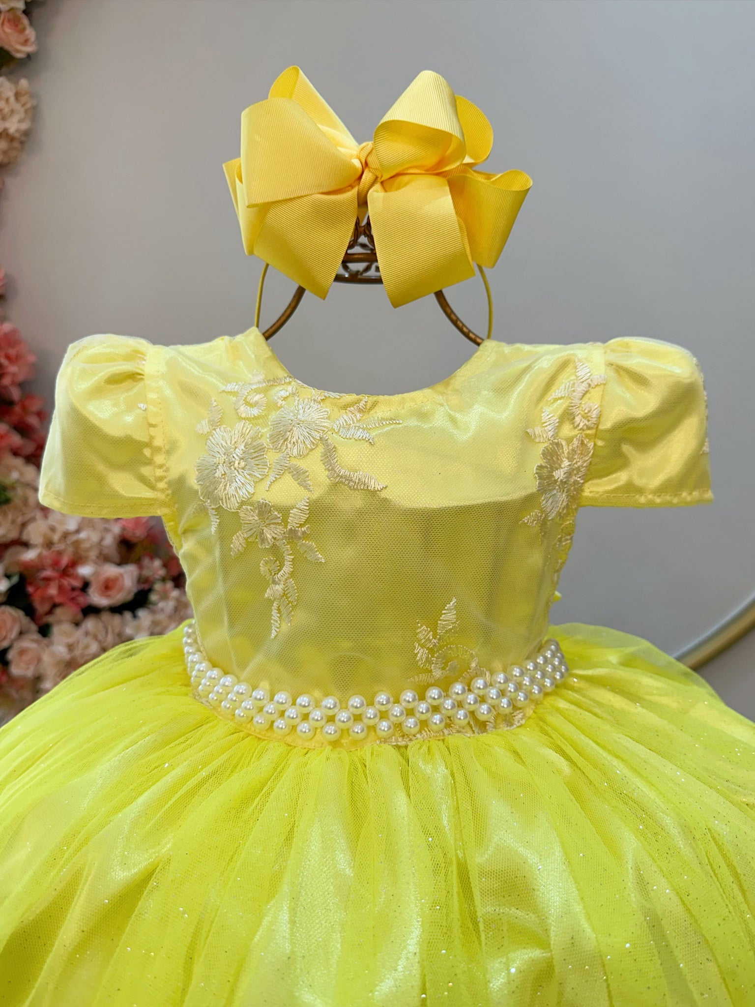 Vestido Infantil Amarelo Tule C/ Renda Casamento Luxo