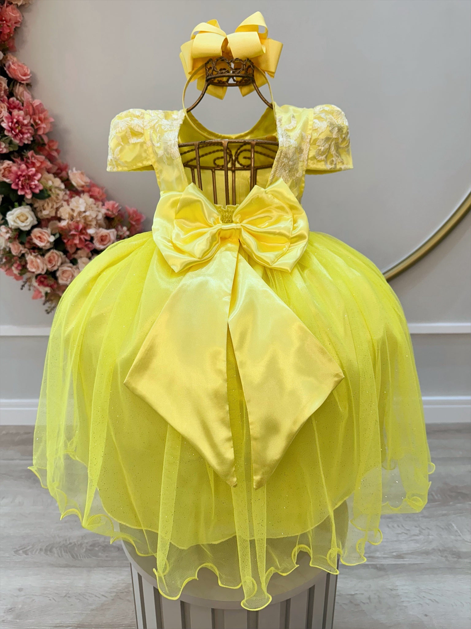Vestido Infantil Amarelo Tule C/ Renda Casamento Luxo