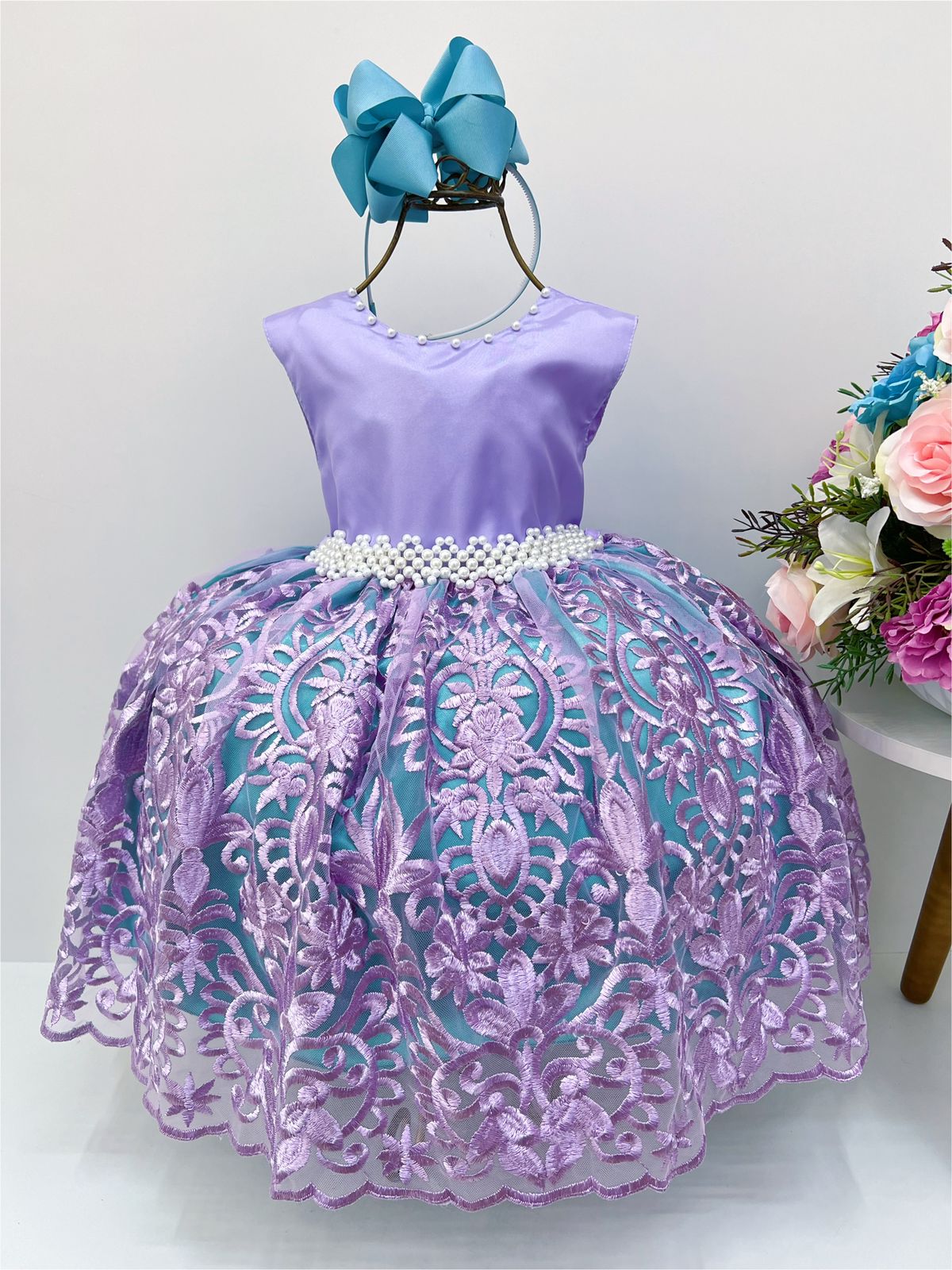 Vestido Infantil Ariel Princesa Cinto Pérolas Com Renda Fosca