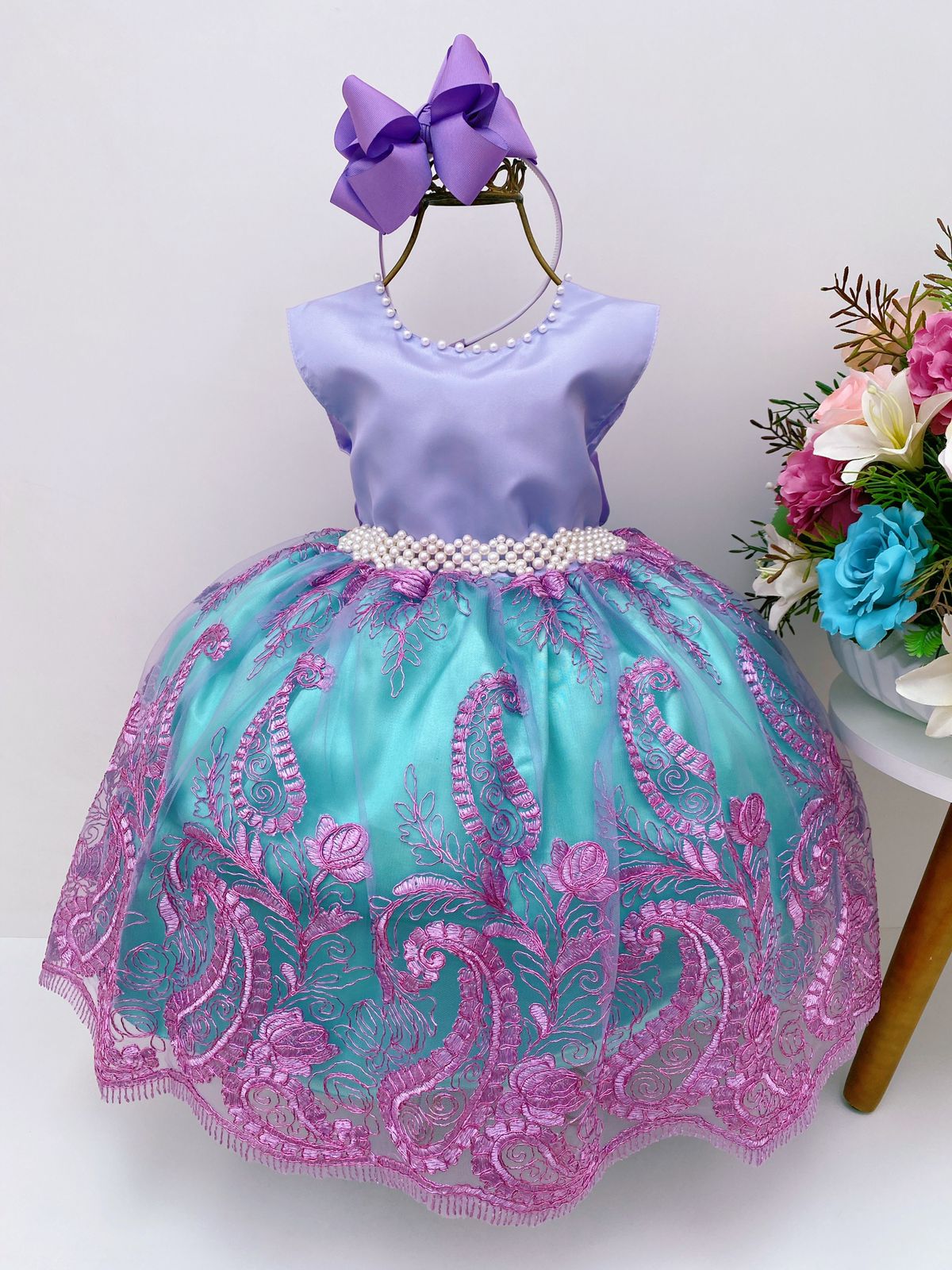 Vestido Infantil Ariel Princesa Pérolas Renda Com Brilho