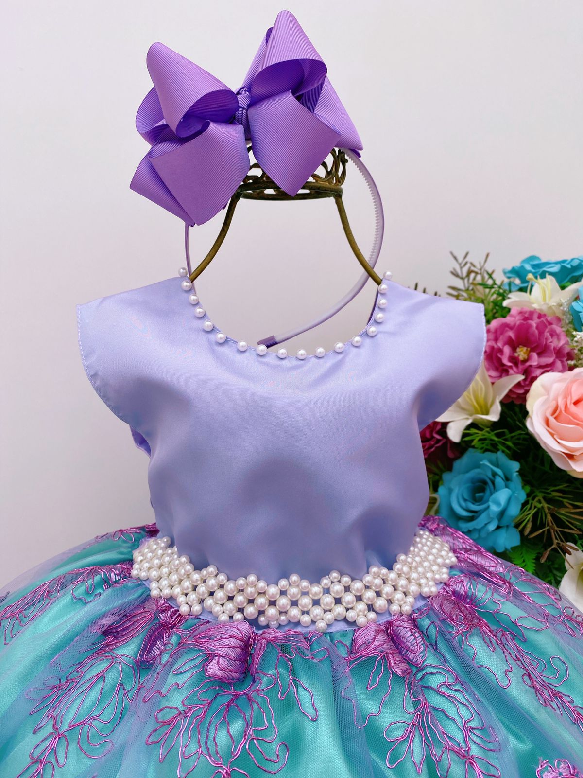 Vestido Infantil Ariel Princesa Pérolas Renda Com Brilho