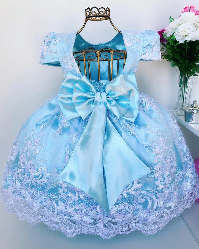 Vestido Infantil Azul Claro Renda Branca Realeza Princesa