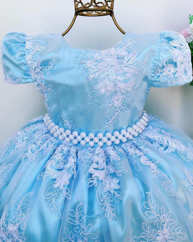 Vestido Infantil Azul Claro Renda Branca Realeza Princesa