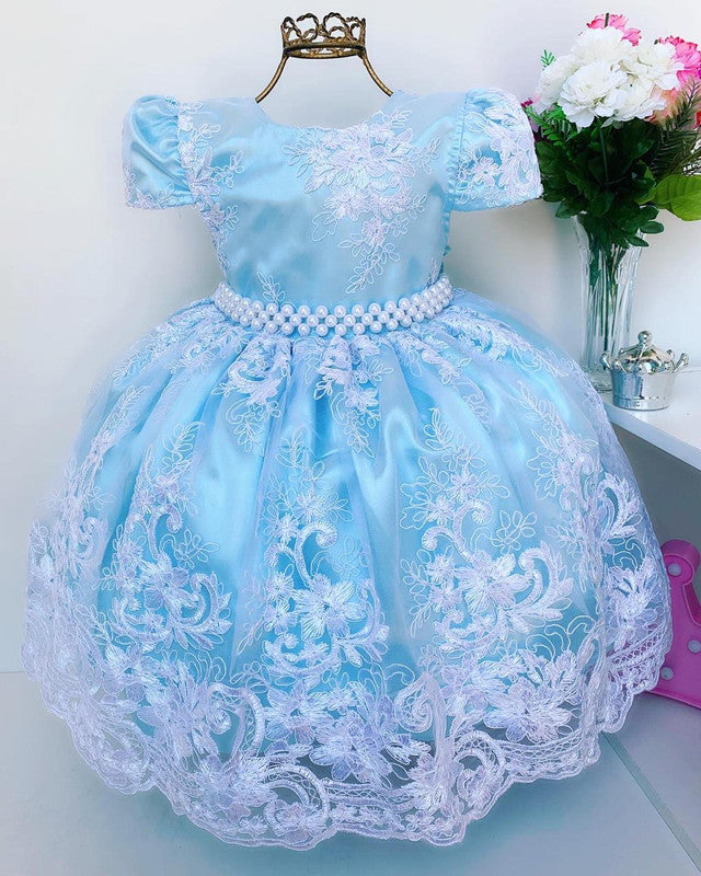 Vestido Infantil Azul Claro Renda Branca Realeza Princesa