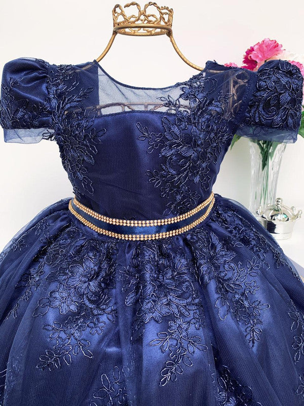 Vestido Infantil Azul Marinho Escuro Realeza Cinto Strass