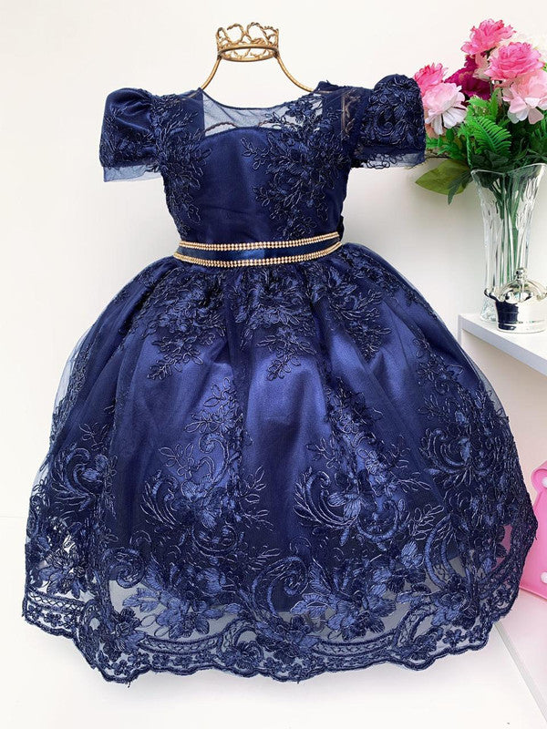 Vestido Infantil Azul Marinho Escuro Realeza Cinto Strass