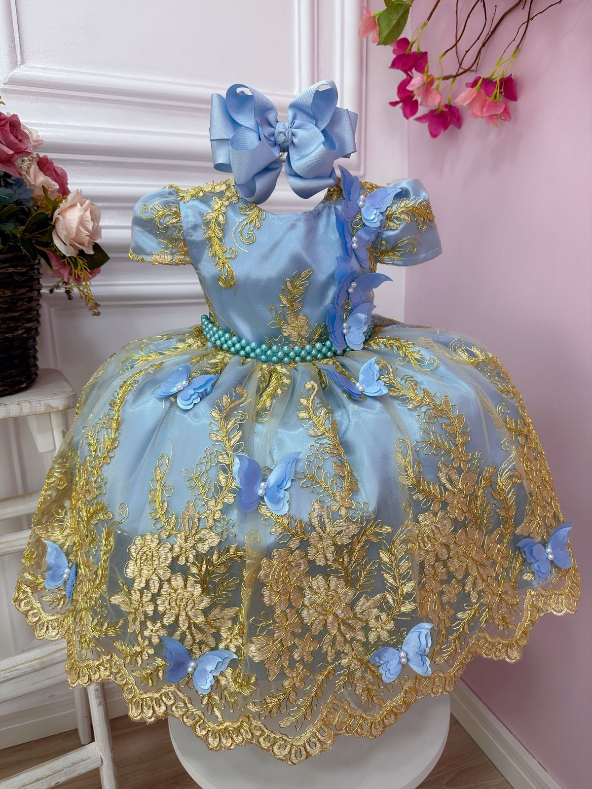 Vestido Infantil Azul Renda Realeza e Aplique de Borboletas