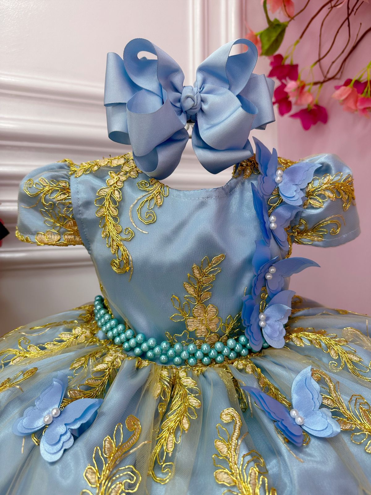 Vestido Infantil Azul Renda Realeza e Aplique de Borboletas