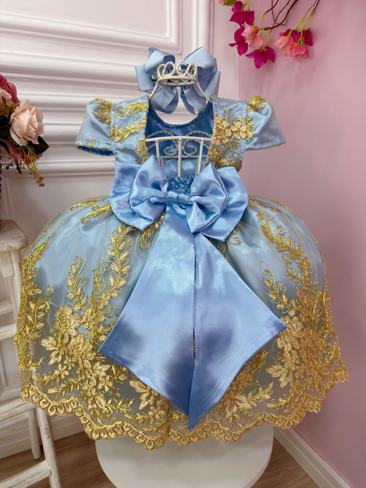Vestido Infantil Azul Renda Realeza e Aplique de Borboletas