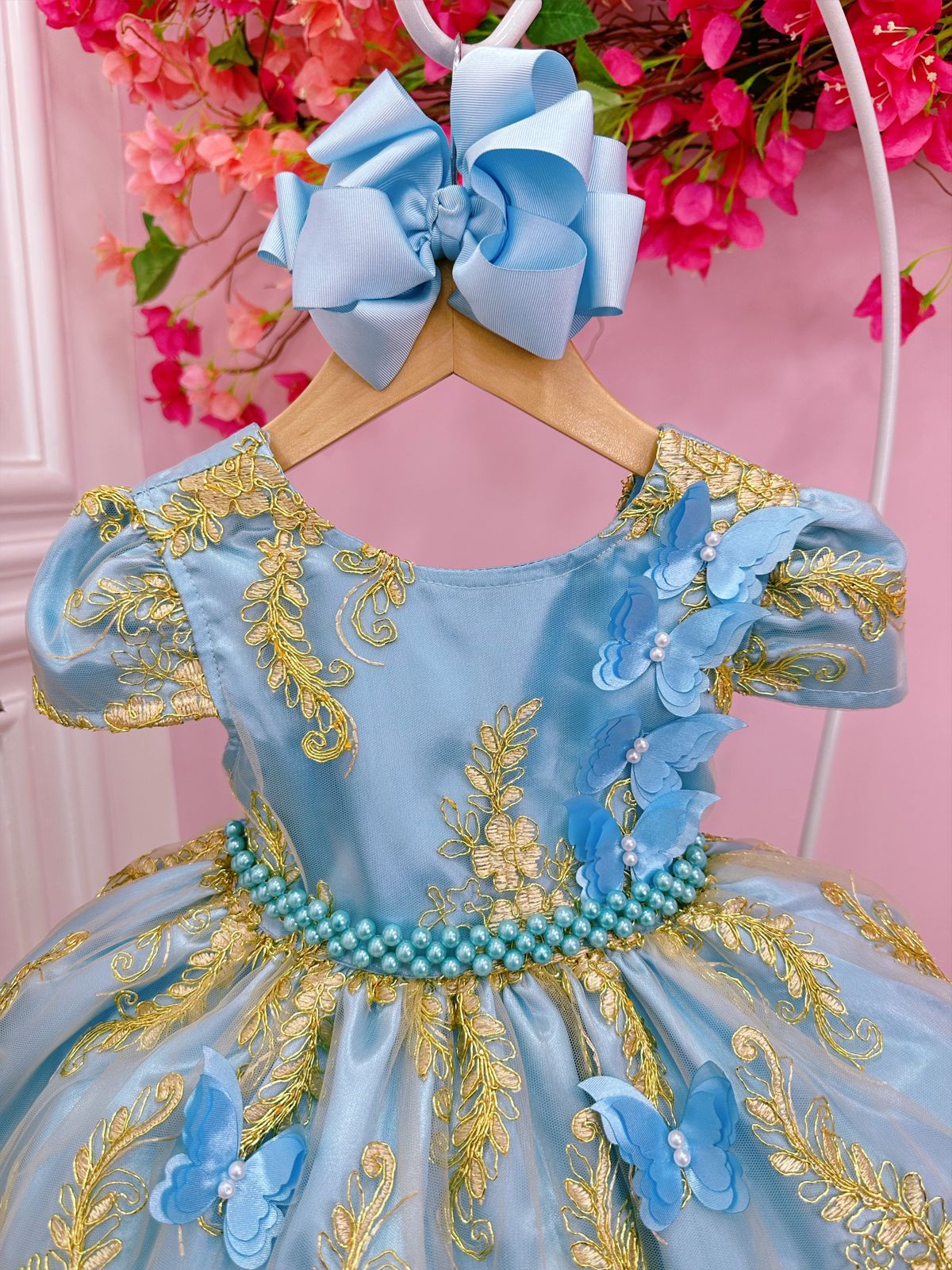 Vestido Infantil Azul Renda Realeza e Aplique de Borboletas