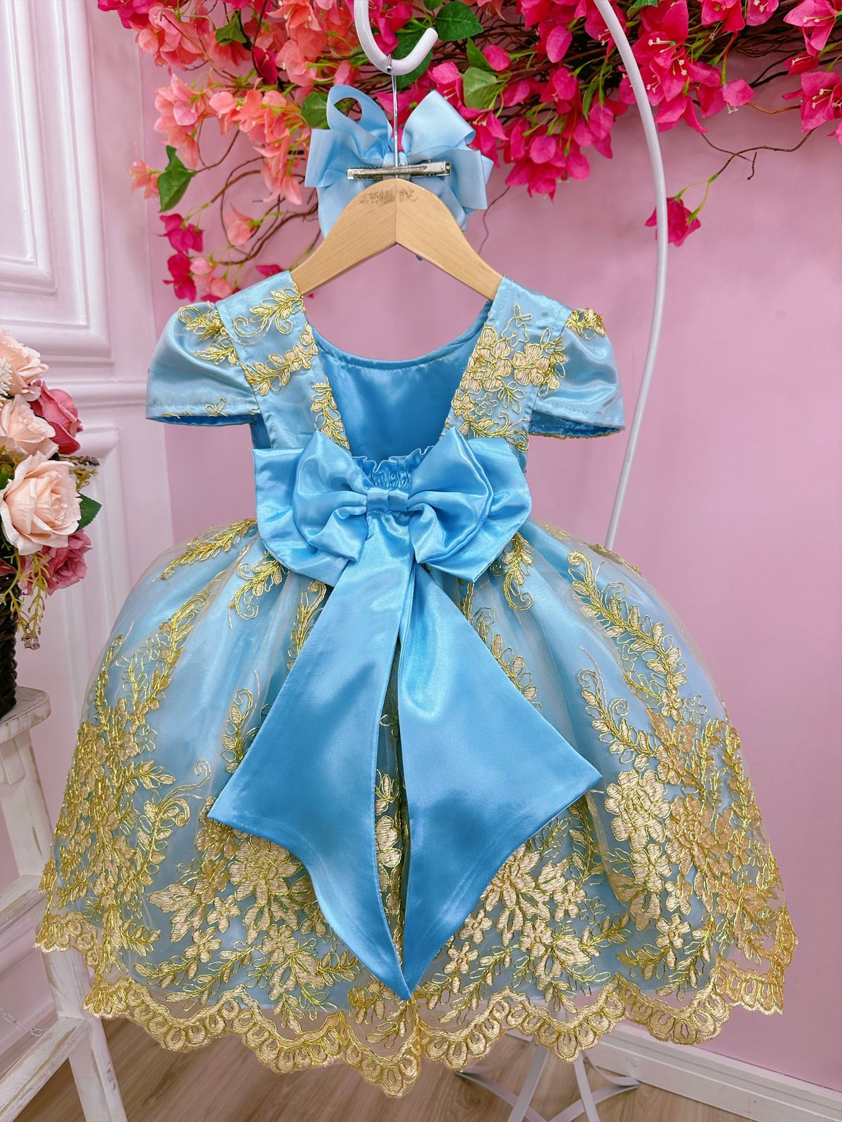 Vestido Infantil Azul Renda Realeza e Aplique de Borboletas