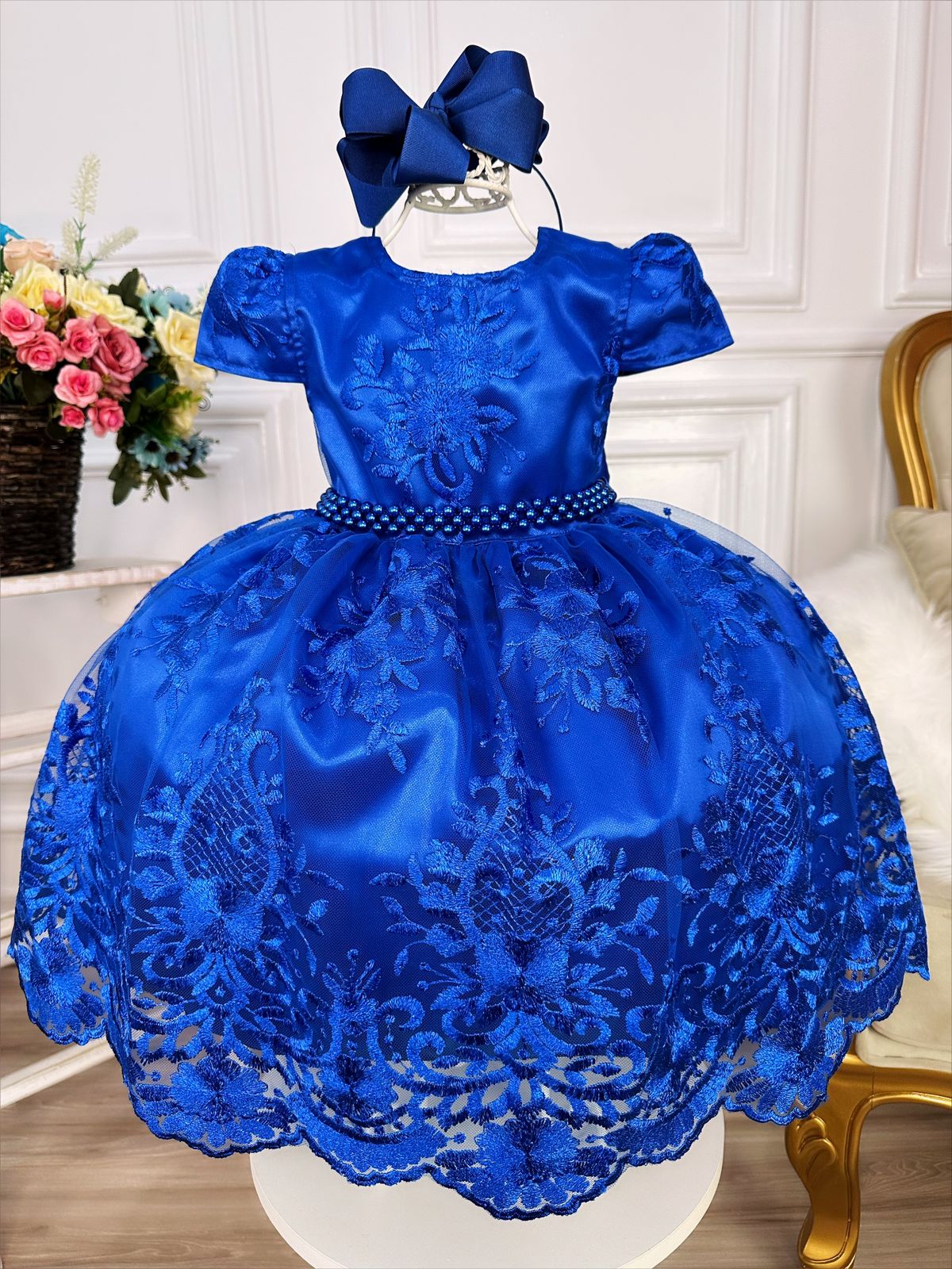 Vestido Infantil Azul Royal C/ Renda Realeza e Pérolas Luxo